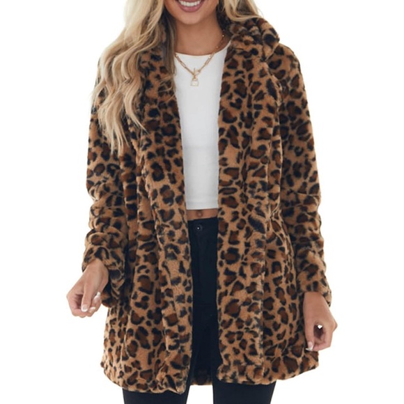 Jackets & Blazers - Cheetah Animal Print Faux Fur Open Lapel Long Winter Coat Jacket | NWT